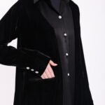 Velvet Black Silk Contrast Abaya - Image 2