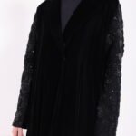 Velvet Black Embellished Sleeve Abaya - Image 2