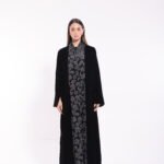 Velvet Black Contrast Pattern Abaya - Image 2